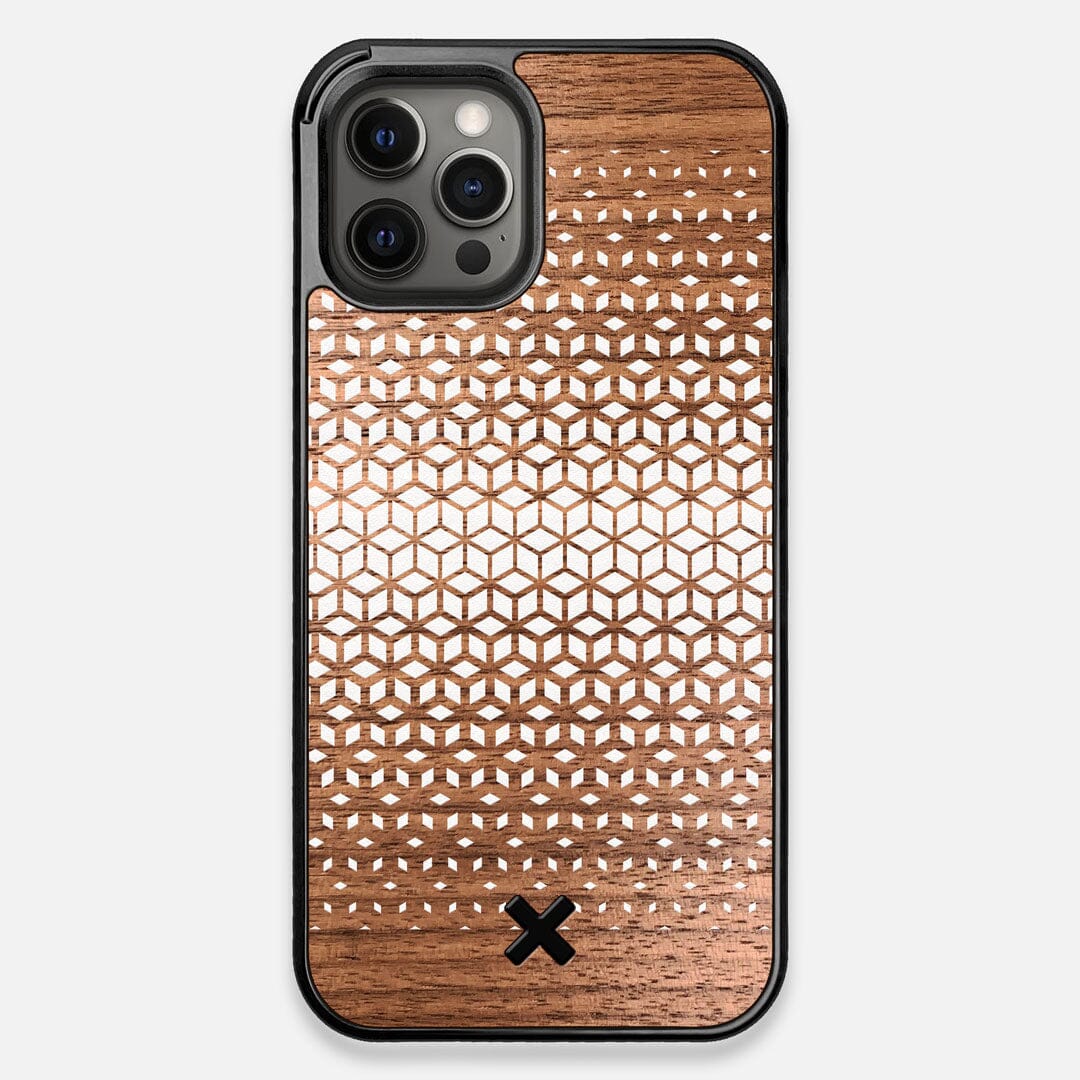Front view of the white ink geometric gradient printed on Walnut wood iPhone 12 Pro Max Case by Keyway Designs