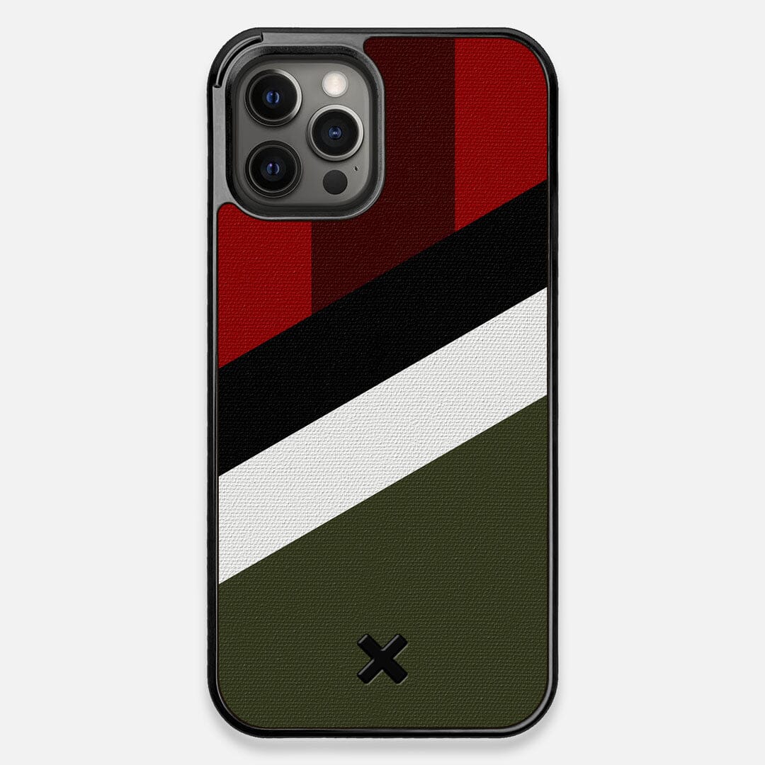 Front view of the Highland Adventure Marker in the Wayfinder series UV-Printed thick cotton canvas iPhone 12 Pro Max Case by Keyway Designs