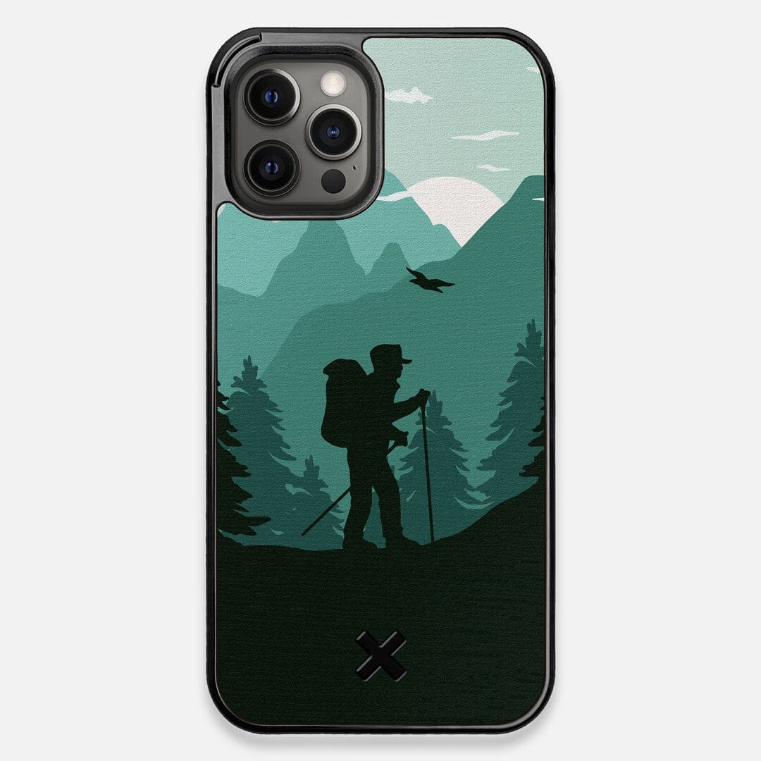 Front view of the stylized mountain hiker print on Wenge wood iPhone 12 Pro Max Case by Keyway Designs