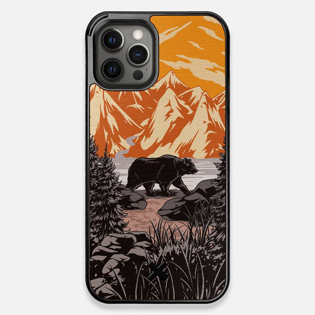 Front view of the stylized Kodiak bear in the mountains print on Wenge wood iPhone 12 Pro Max Case by Keyway Designs