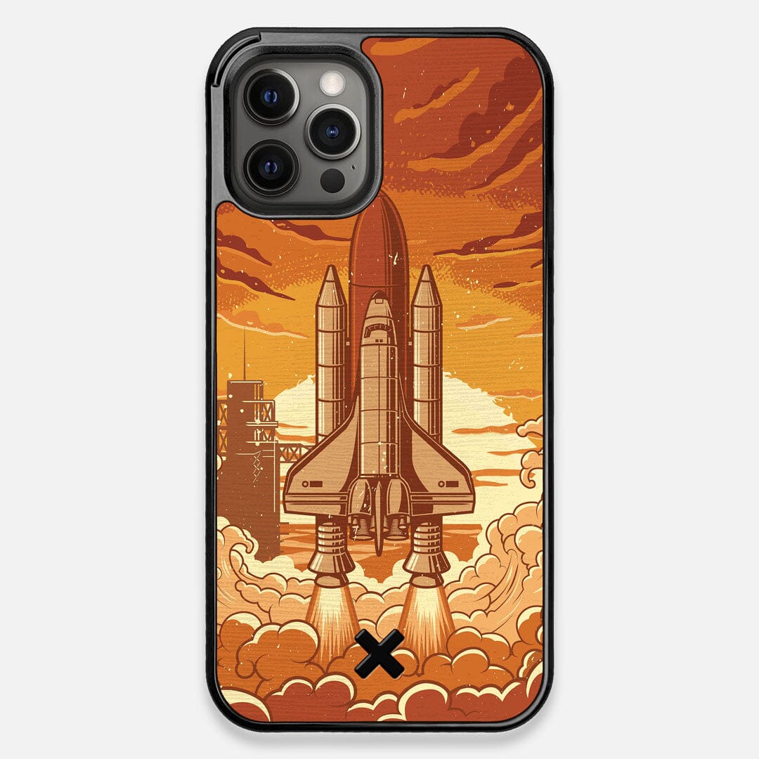 Front view of the vibrant stylized space shuttle launch print on Wenge wood iPhone 12 Pro Max Case by Keyway Designs