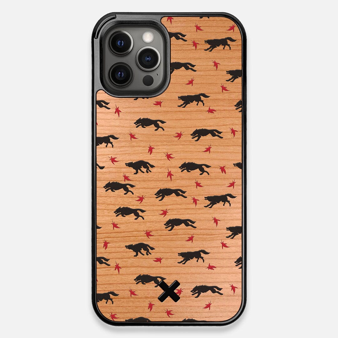 Front view of the unique pattern of wolves and Maple leaves printed on Cherry wood iPhone 12 Pro Max Case by Keyway Designs