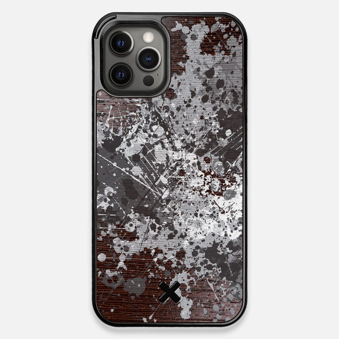 Front view of the aggressive, monochromatic splatter pattern overprintedprinted Wenge Wood iPhone 12 Pro Max Case by Keyway Designs