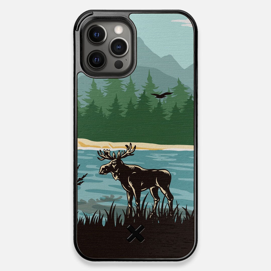 Front view of the stylized bull moose forest print on Wenge wood iPhone 12 Pro Max Case by Keyway Designs