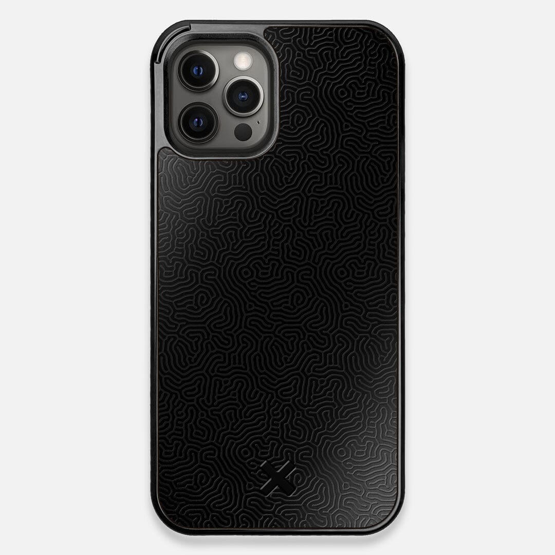 Front view of the highly detailed organic growth engraving on matte black impact acrylic iPhone 12 Pro Max Case by Keyway Designs