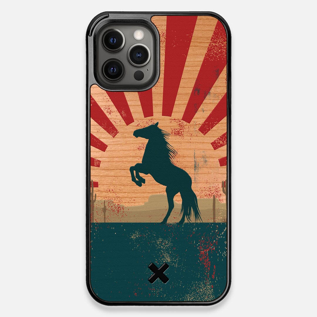 Front view of the epic mustang rearing up printed on Cherry wood iPhone 12 Pro Max Case by Keyway Designs