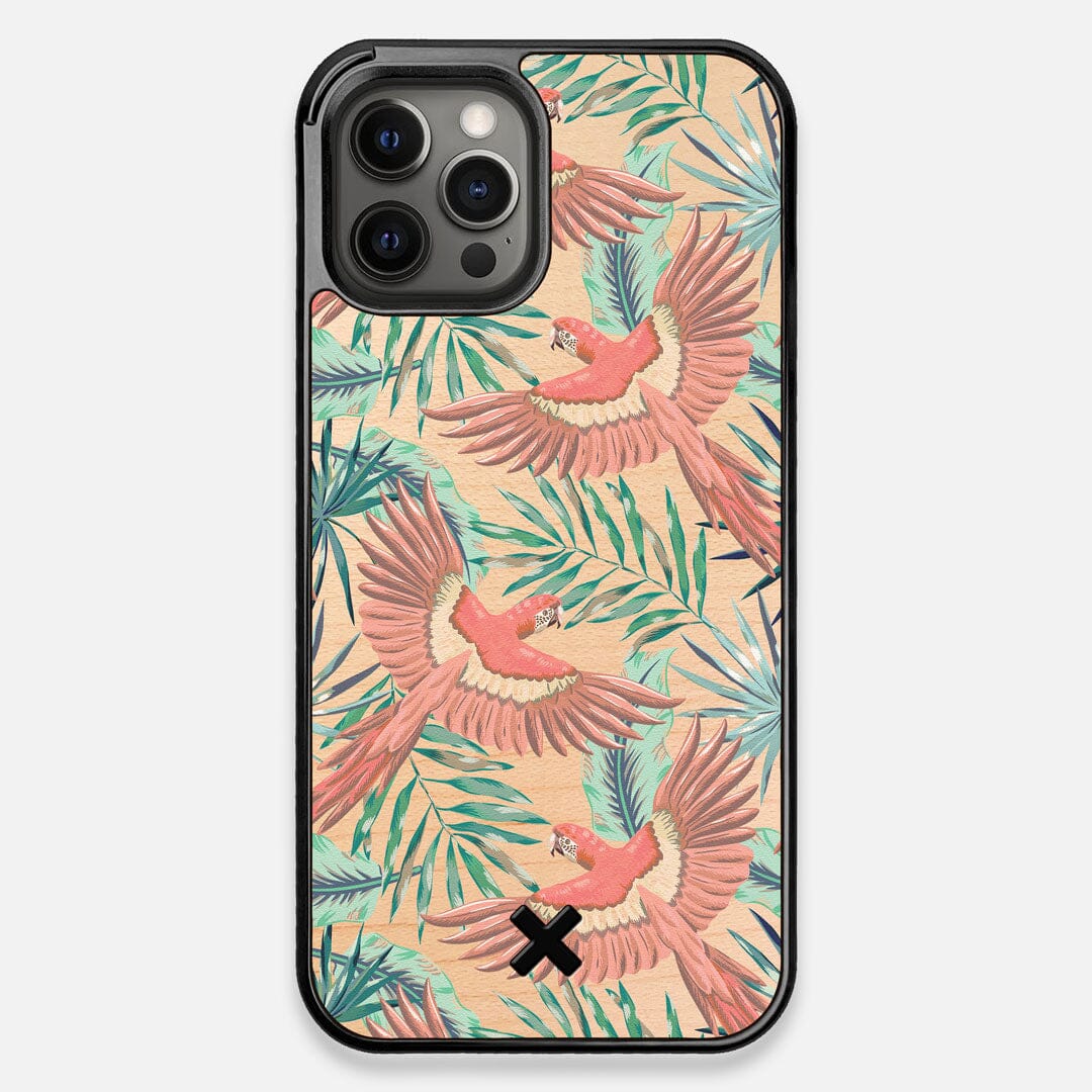 Front view of the Paradise Macaw and Tropical Leaf printed Maple Wood iPhone 12 Pro Max Case by Keyway Designs