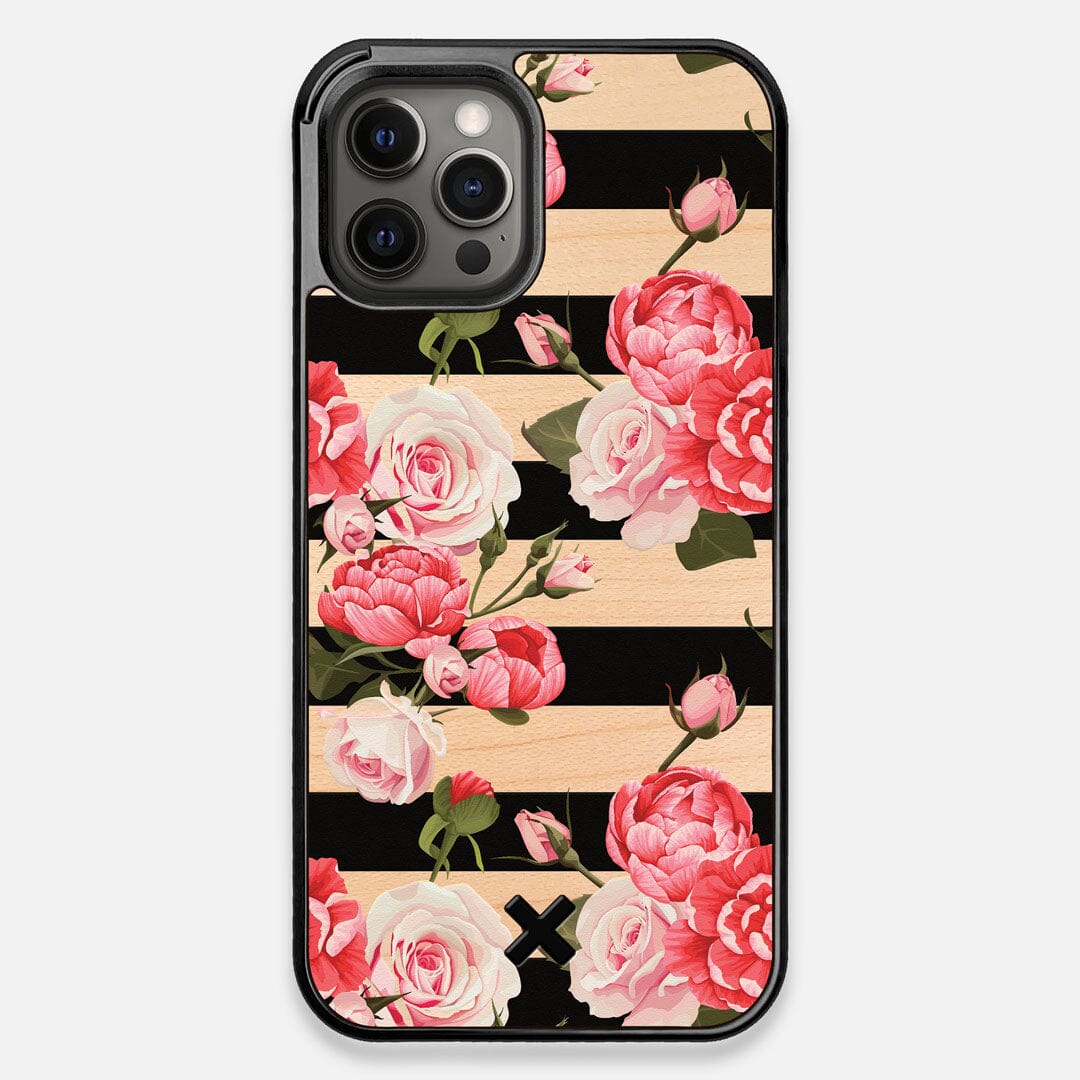 Front view of the artsy print of stripes with peonys and roses on Maple wood iPhone 12 Pro Max Case by Keyway Designs