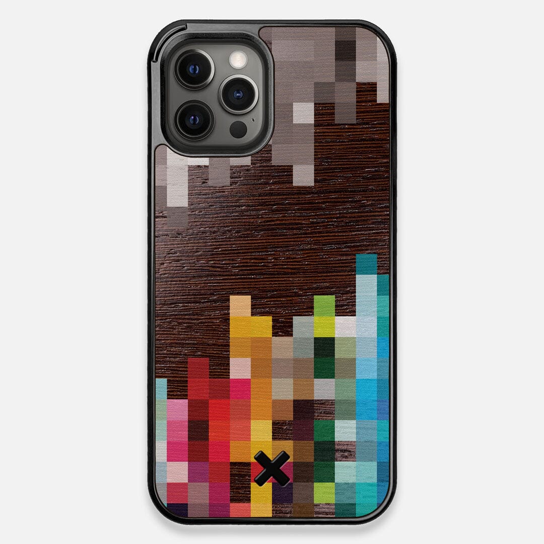 Front view of the digital art inspired pixelation design on Wenge wood iPhone 12 Pro Max Case by Keyway Designs