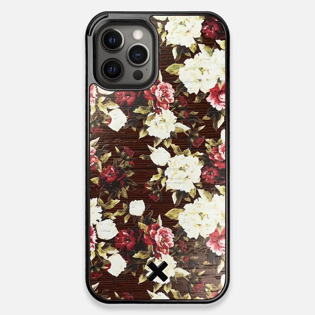 Front view of the Rose white and red rose printed Wenge Wood iPhone 12 Pro Max Case by Keyway Designs