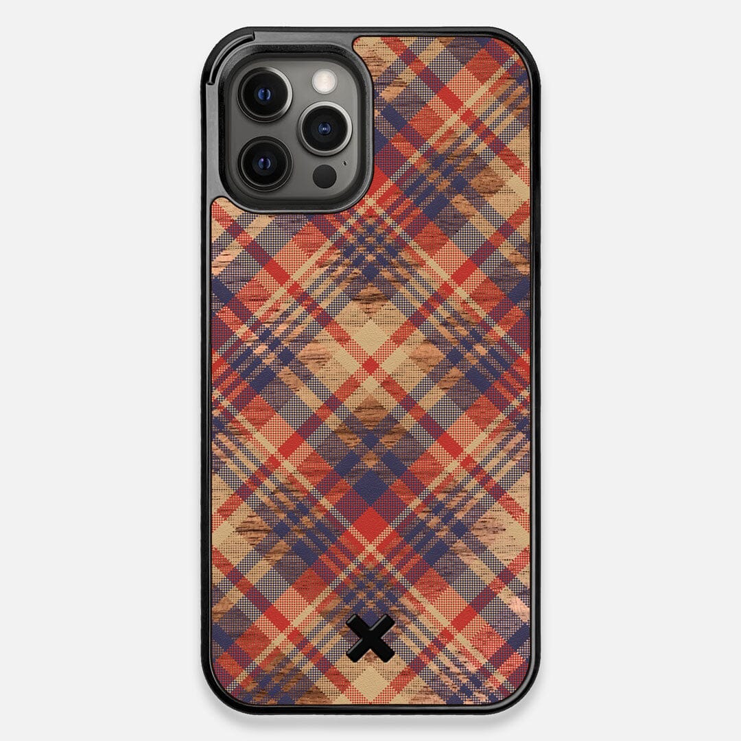 Front view of the Tartan print of beige, blue, and red on Walnut wood iPhone 12 Pro Max Case by Keyway Designs