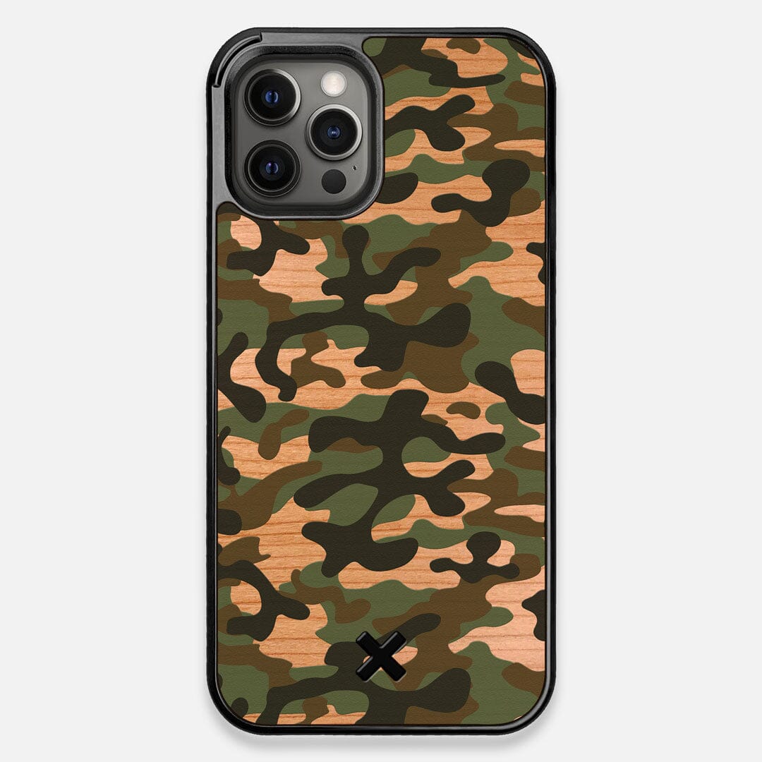 Front view of the stealth Paratrooper camo printed Wenge Wood iPhone 12 Pro Max Case by Keyway Designs