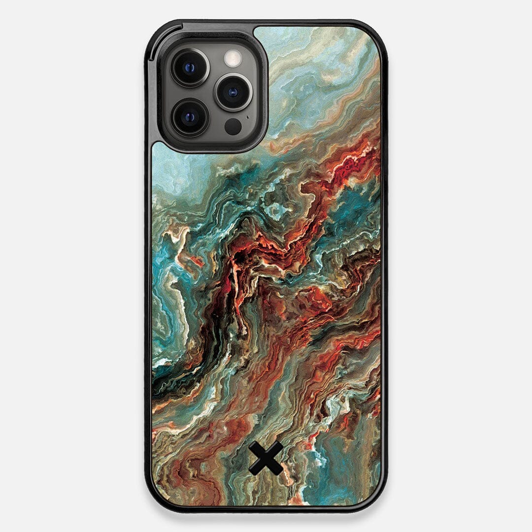 Front view of the vibrant and rich Red & Green flowing marble pattern printed Wenge Wood iPhone 12 Pro Max Case by Keyway Designs