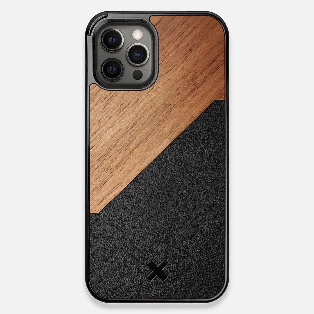 Front view of the Walnut Rift Elegant Wood & Leather iPhone 12 Pro Max Case by Keyway Designs