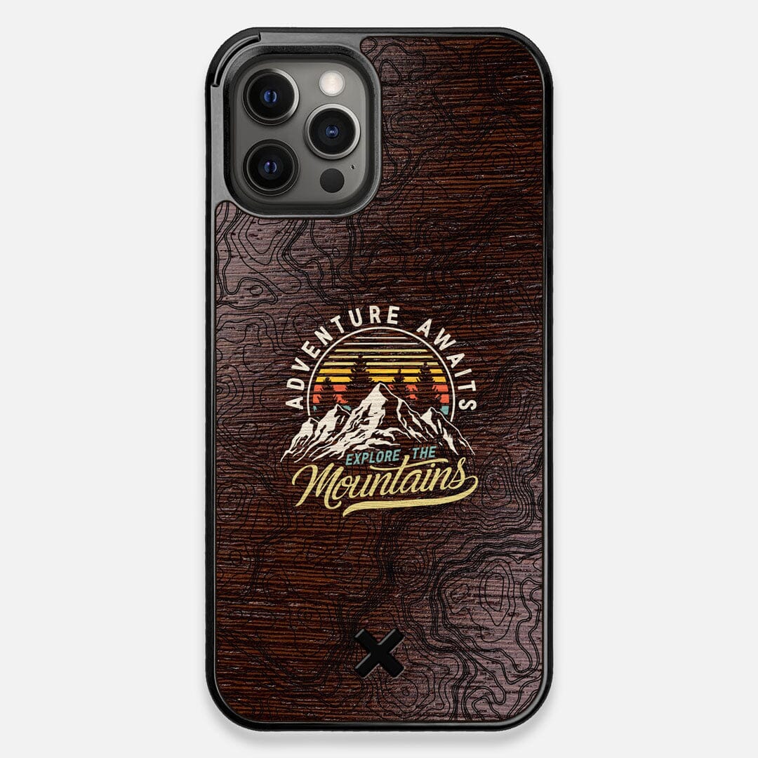 Front view of the crisp topographical map with Explorer badge printed on matte black impact acrylic iPhone 12 Pro Max Case by Keyway Designs