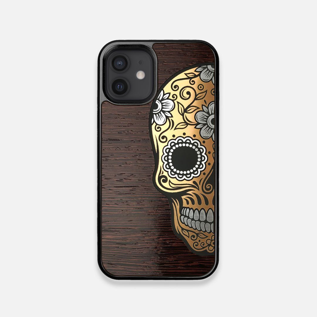 Front view of the Calavera Wood Sugar Skull Wood iPhone 12 Mini Case by Keyway Designs