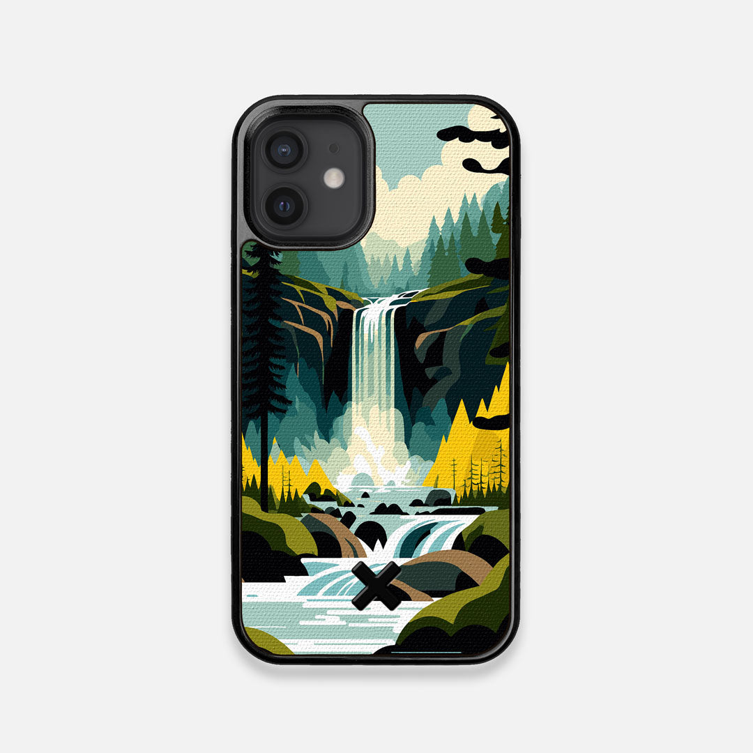 Front view of the stylized peaceful forest waterfall making it's way through the rocks printed to cotton canvas iPhone 12 Mini Case by Keyway Designs