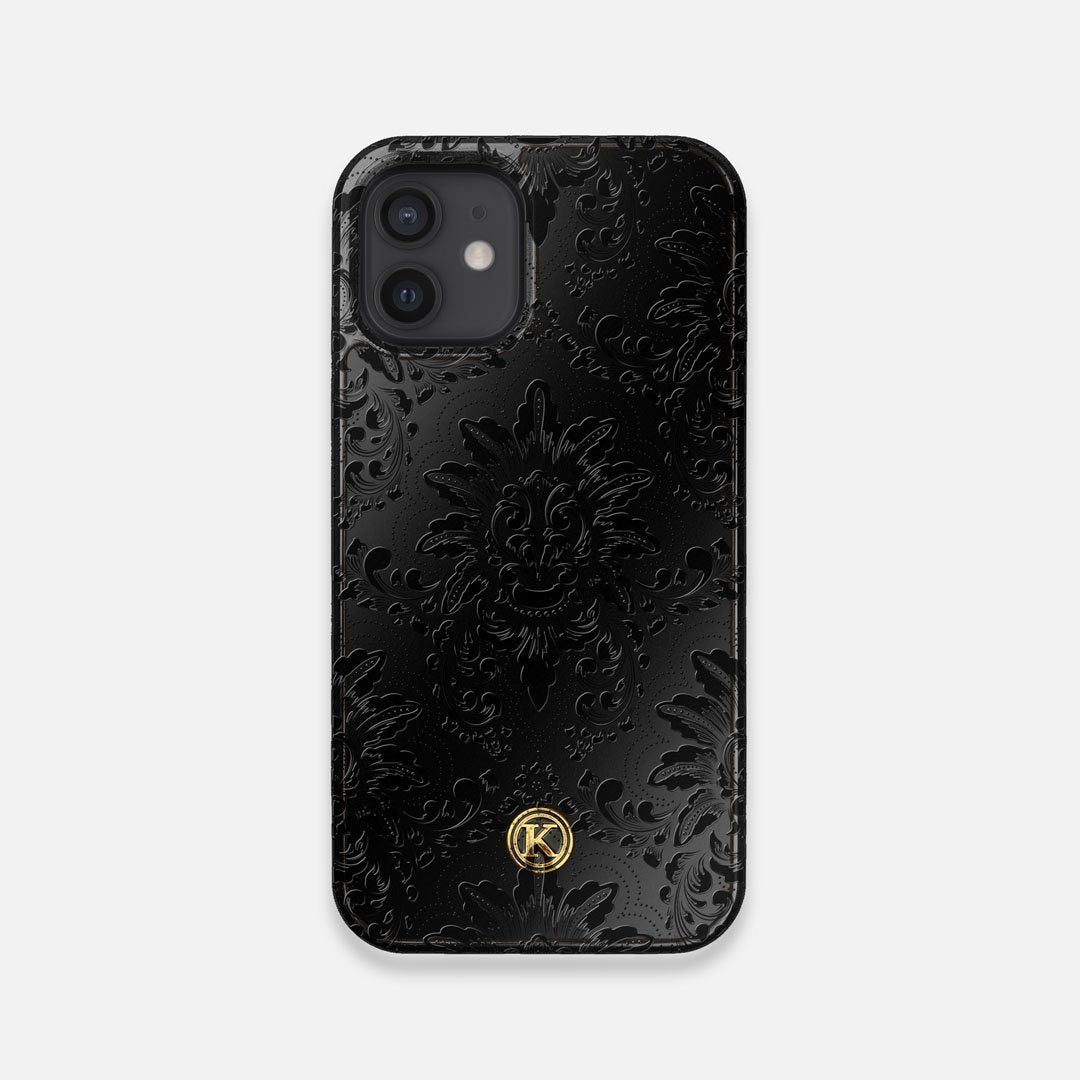 Front view of the detailed gloss Damask pattern printed on matte black impact acrylic iPhone 12 Mini Case by Keyway Designs