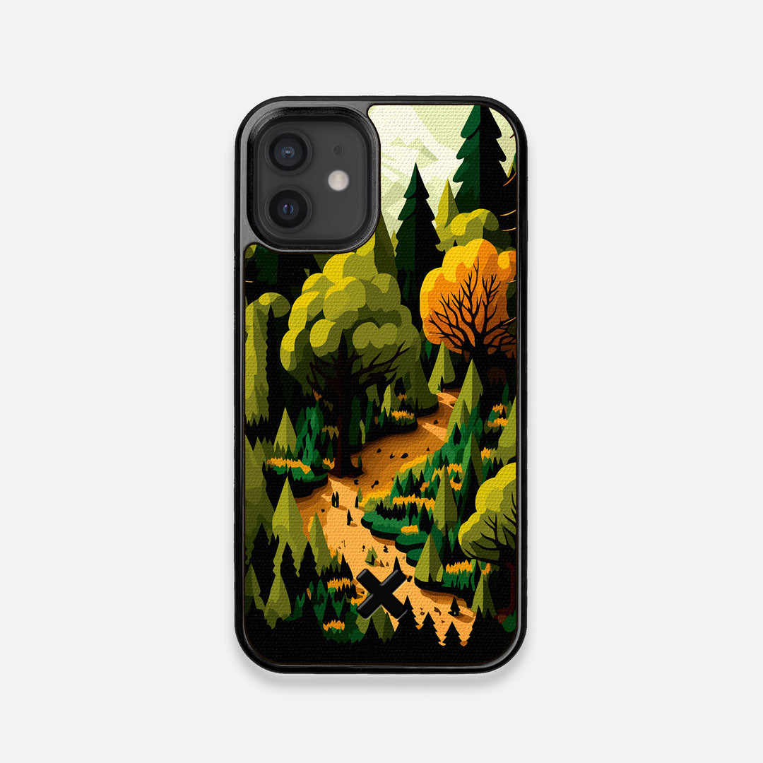 Front view of the stylized quiet forest path making it's way through the evergreen trees printed to cotton canvas iPhone 12 Mini Case by Keyway Designs