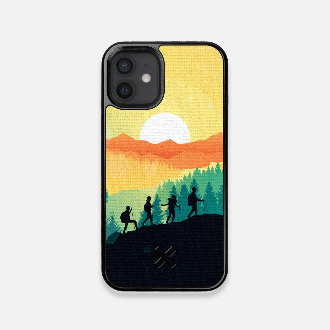 Front view of the stylized group of travellers on an expedition in the mountains printed to cotton canvas iPhone 12 Mini Case by Keyway Designs