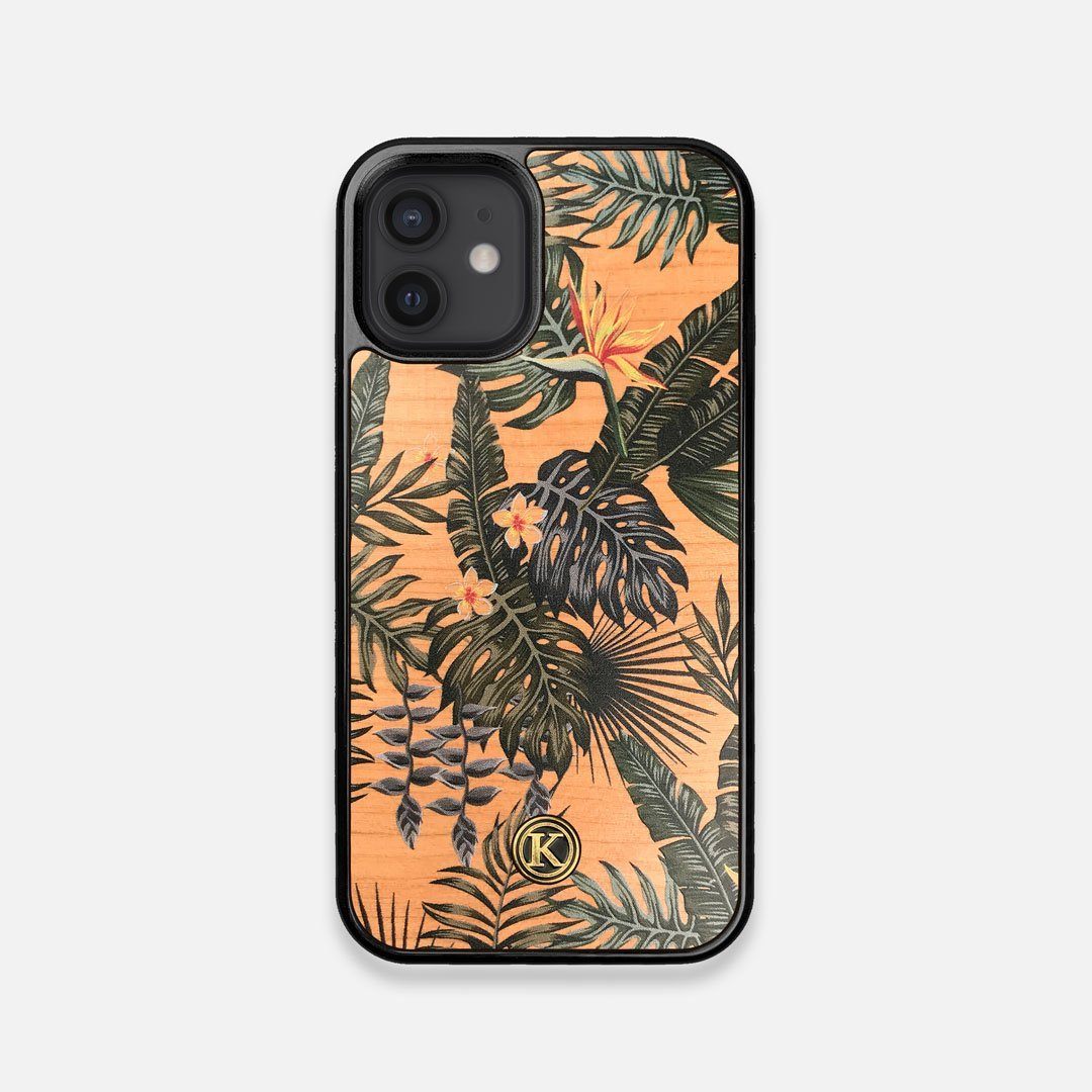 Front view of the Floral tropical leaf printed Cherry Wood iPhone 12 Mini Case by Keyway Designs