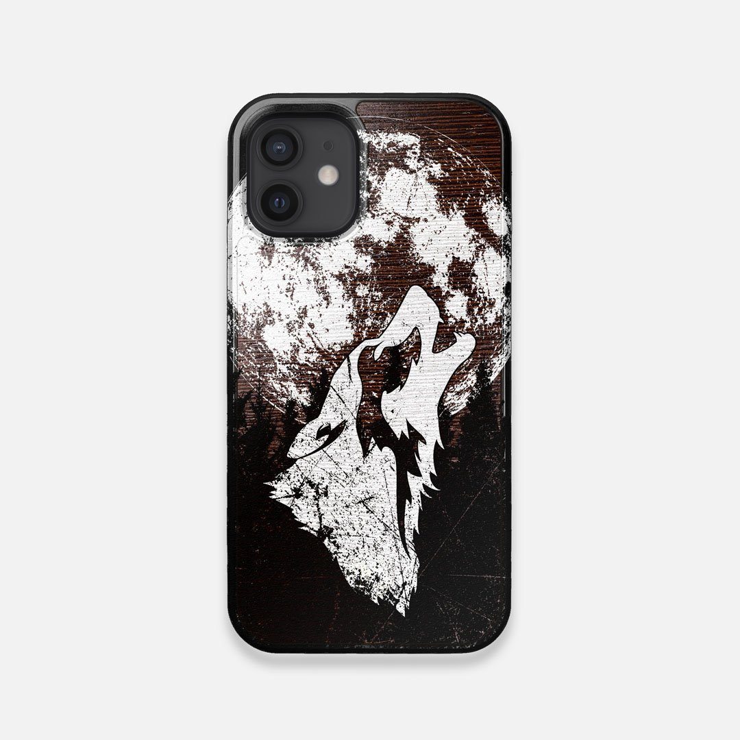 Front view of the high-contrast howling wolf on a full moon printed on a Wenge Wood iPhone 12 Mini Case by Keyway Designs