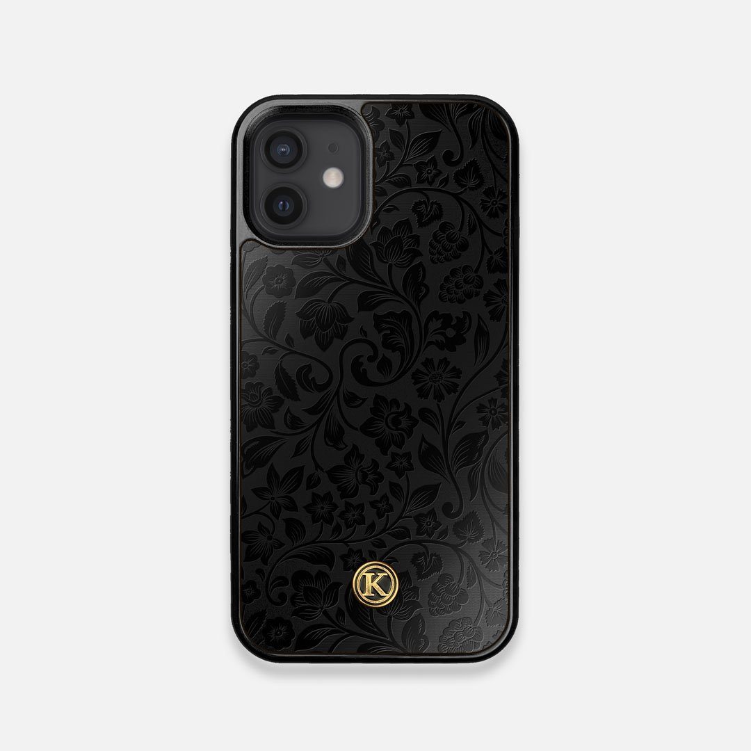 Front view of the highly detailed midnight floral engraving on matte black impact acrylic iPhone 12 Mini Case by Keyway Designs