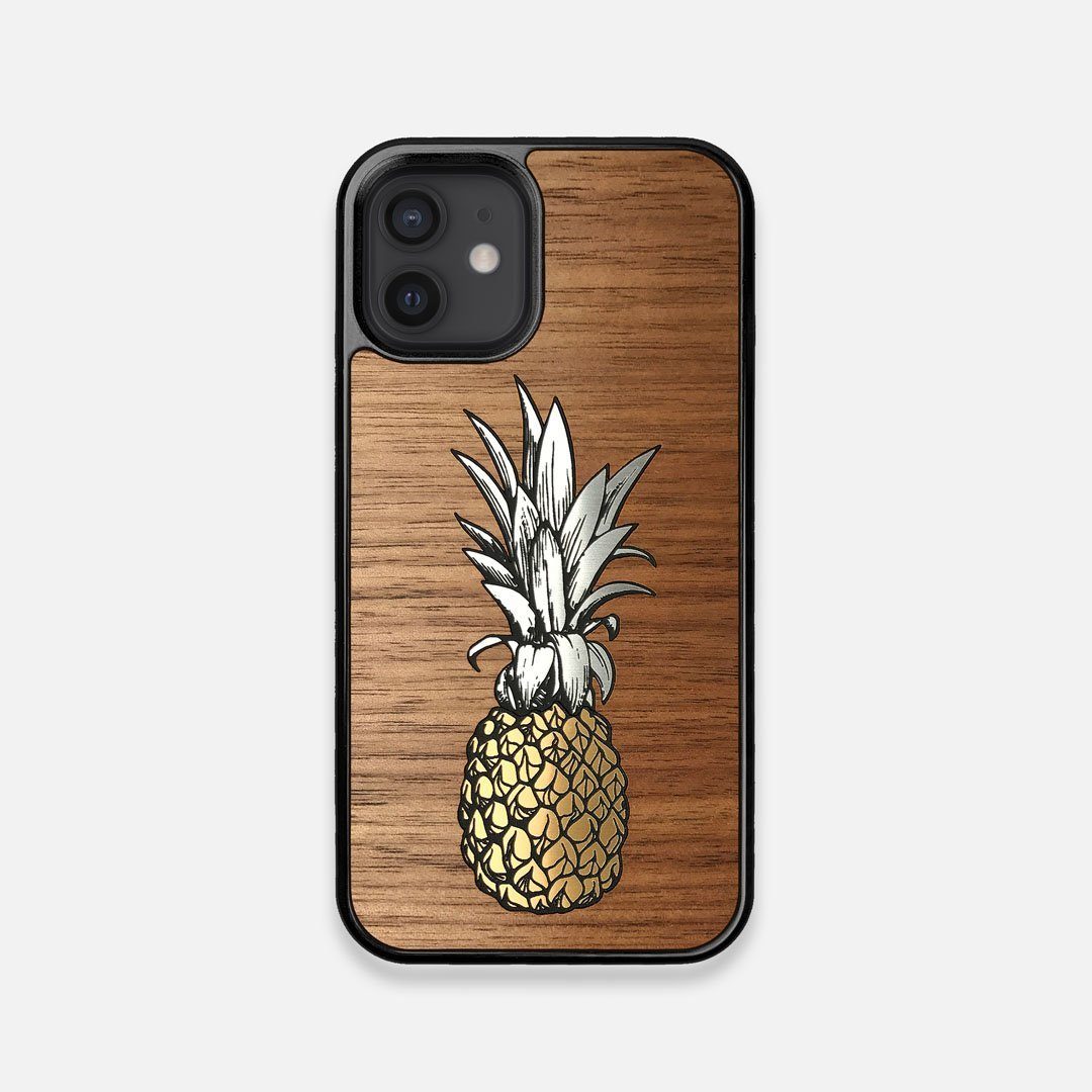 Front view of the Pineapple Walnut Wood iPhone 12 Mini Case by Keyway Designs