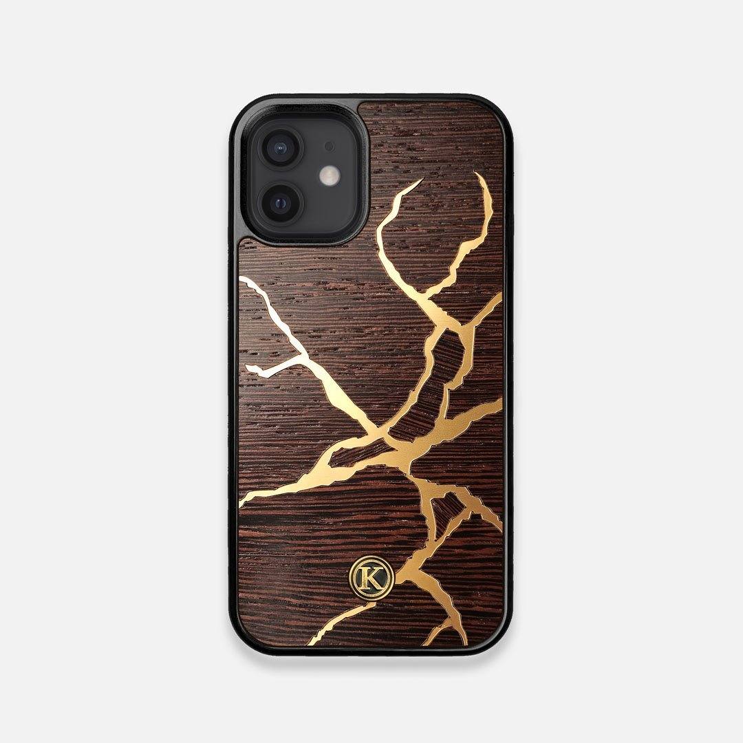 Front view of the Kintsugi inspired Gold and Wenge Wood iPhone 12 Mini Case by Keyway Designs