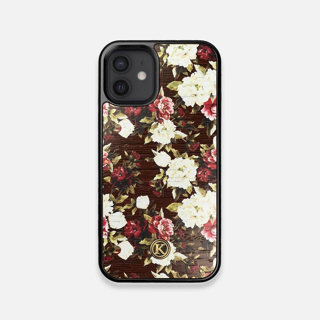 Front view of the Rose white and red rose printed Wenge Wood iPhone 12 Mini Case by Keyway Designs