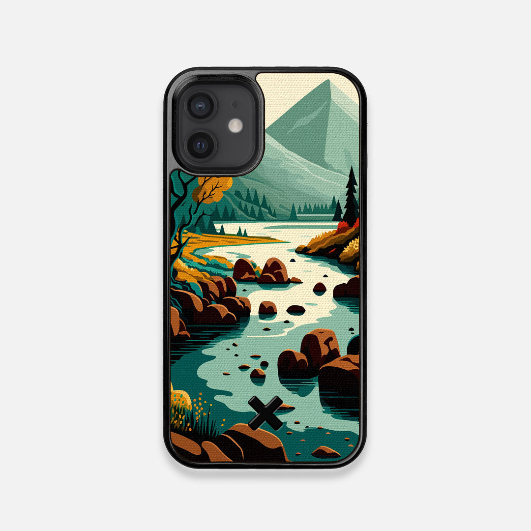Front view of the stylized calm river flowing towards a lake at the base of the mountains printed to cotton canvas iPhone 12 Mini Case by Keyway Designs