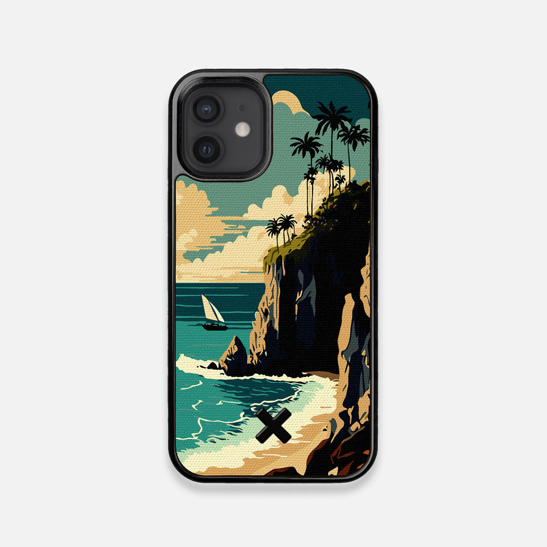Front view of the stylized seaside bluff with the ocean waves crashing on the shore printed on cotton canvas iPhone 12 Mini Case by Keyway Designs