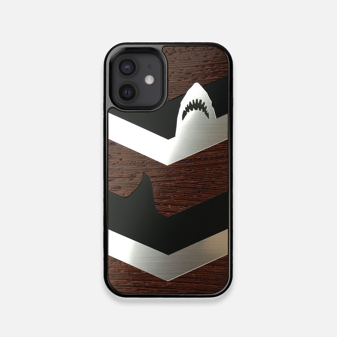 Front view of the Shark Chevron Dark By Parker Barrow Wenge Wood iPhone 12 Mini Case by Keyway Designs