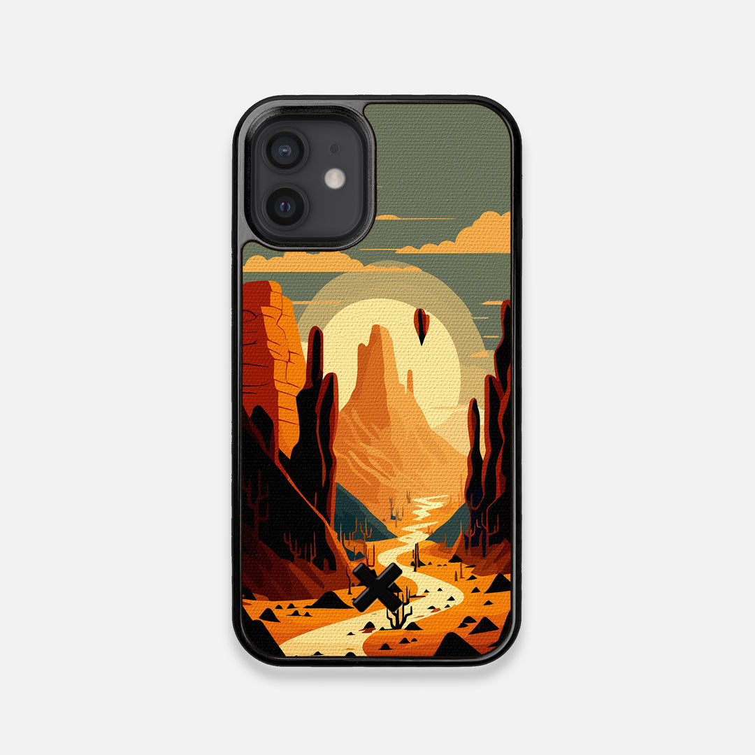 Front view of the stylized thin river cutting deep through a canyon sunset printed on cotton canvas iPhone 12 Mini Case by Keyway Designs