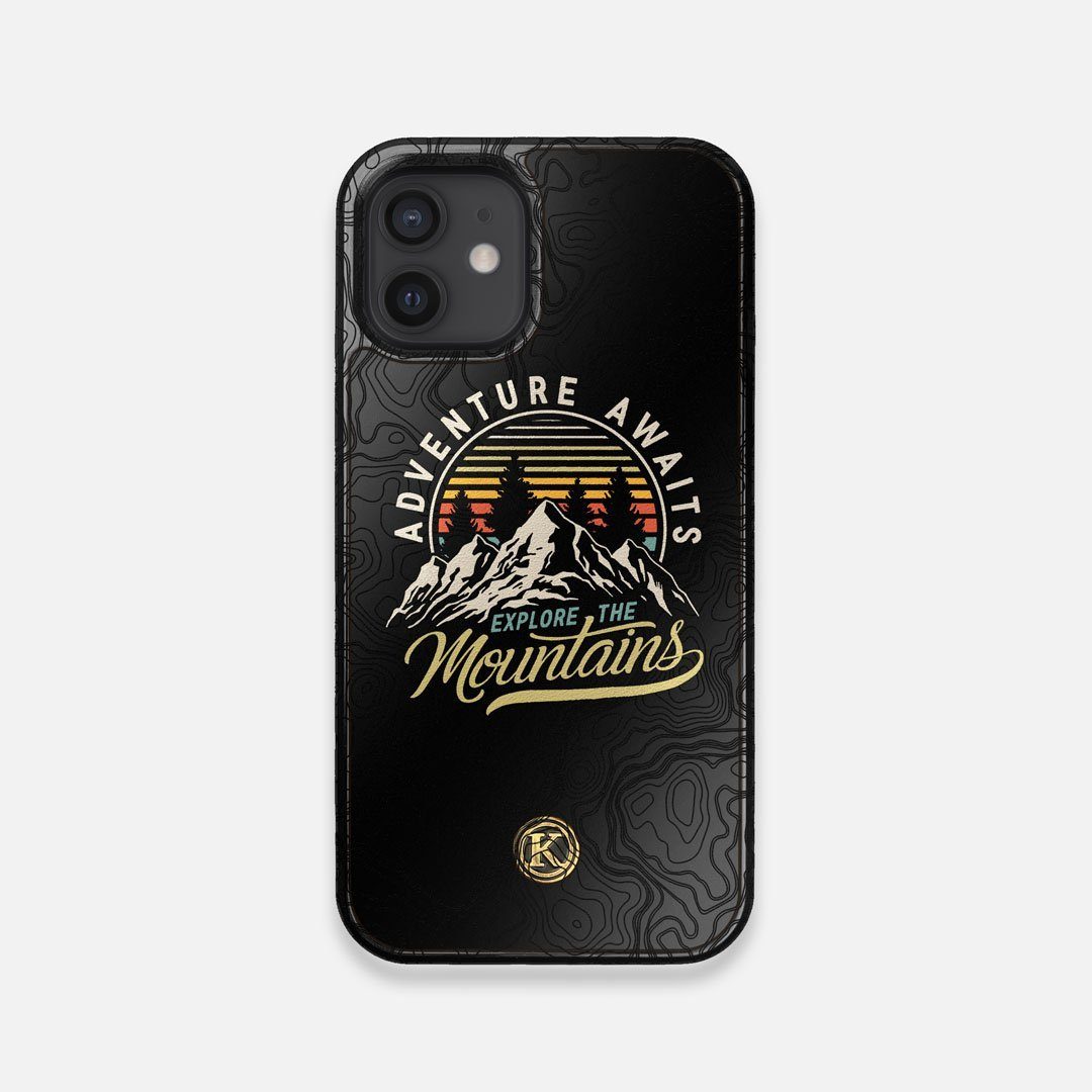 Front view of the crisp topographical map with Explorer badge printed on matte black impact acrylic iPhone 12 Mini Case by Keyway Designs