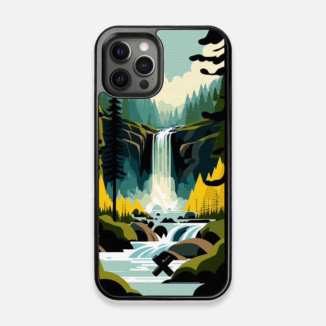 Front view of the stylized peaceful forest waterfall making it's way through the rocks printed to cotton canvas iPhone 12/12 Pro Case by Keyway Designs