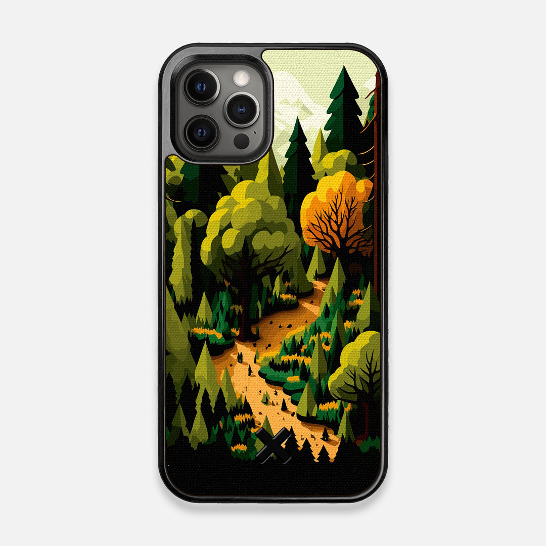 Front view of the stylized quiet forest path making it's way through the evergreen trees printed to cotton canvas iPhone 12/12 Pro Case by Keyway Designs