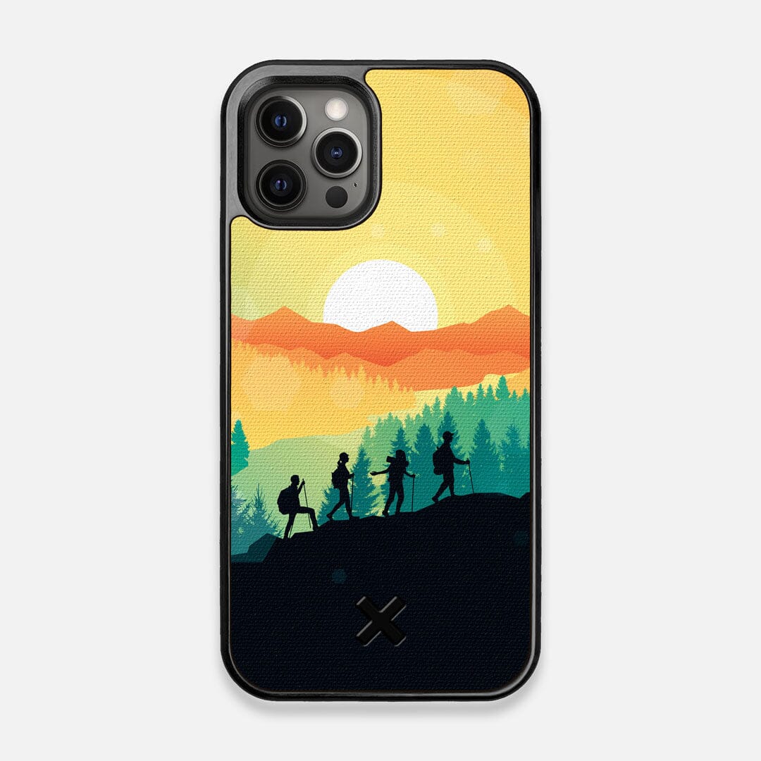Front view of the stylized group of travellers on an expedition in the mountains printed to cotton canvas iPhone 12/12 Pro Case by Keyway Designs