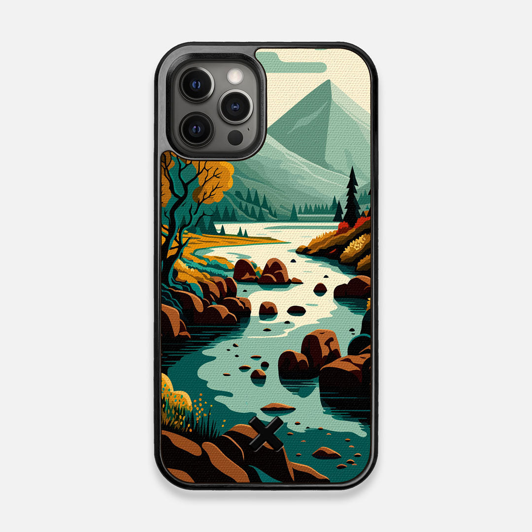 Front view of the stylized calm river flowing towards a lake at the base of the mountains printed to cotton canvas iPhone 12/12 Pro Case by Keyway Designs