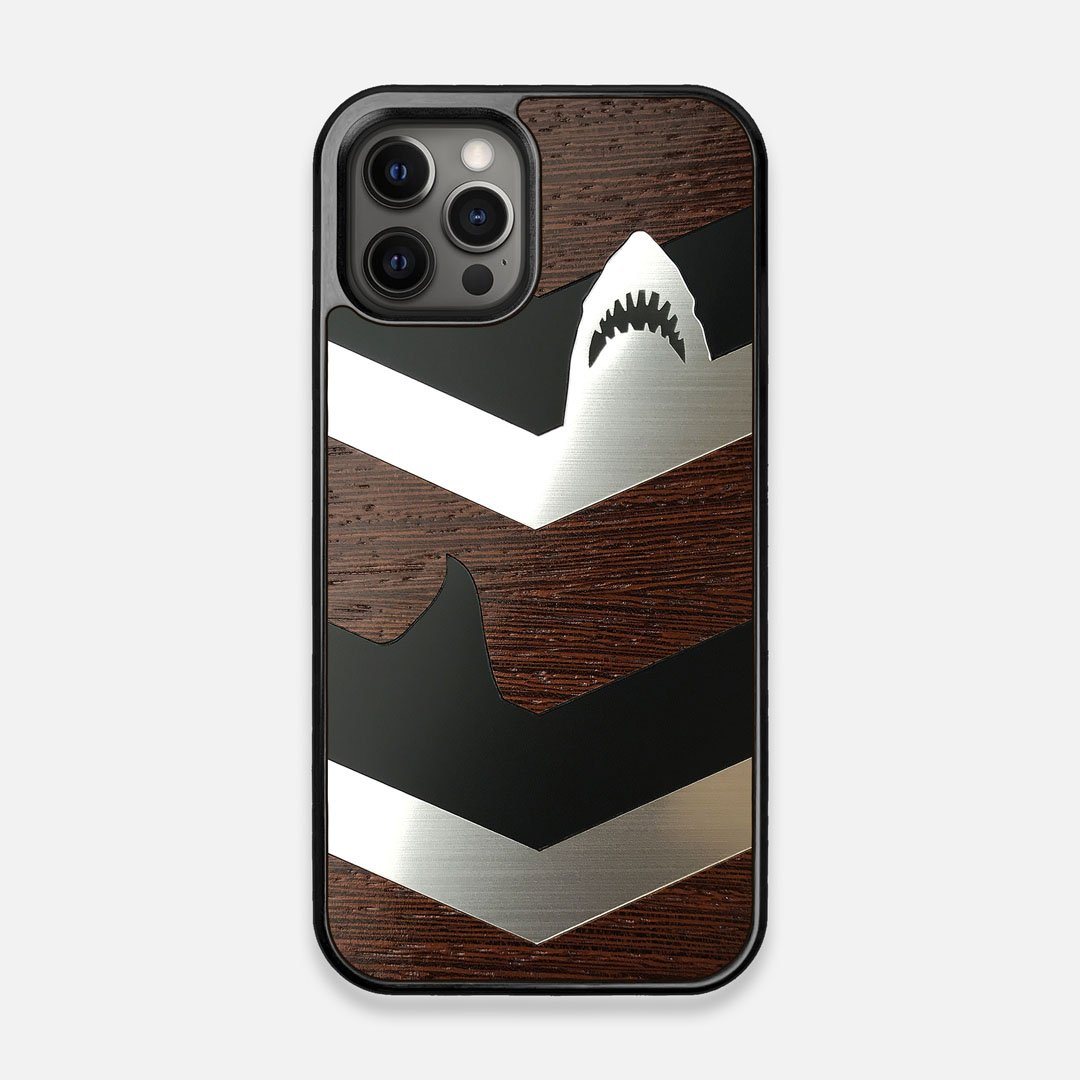 Front view of the Shark Chevron Dark By Parker Barrow Wenge Wood iPhone 12/12 Pro Case by Keyway Designs