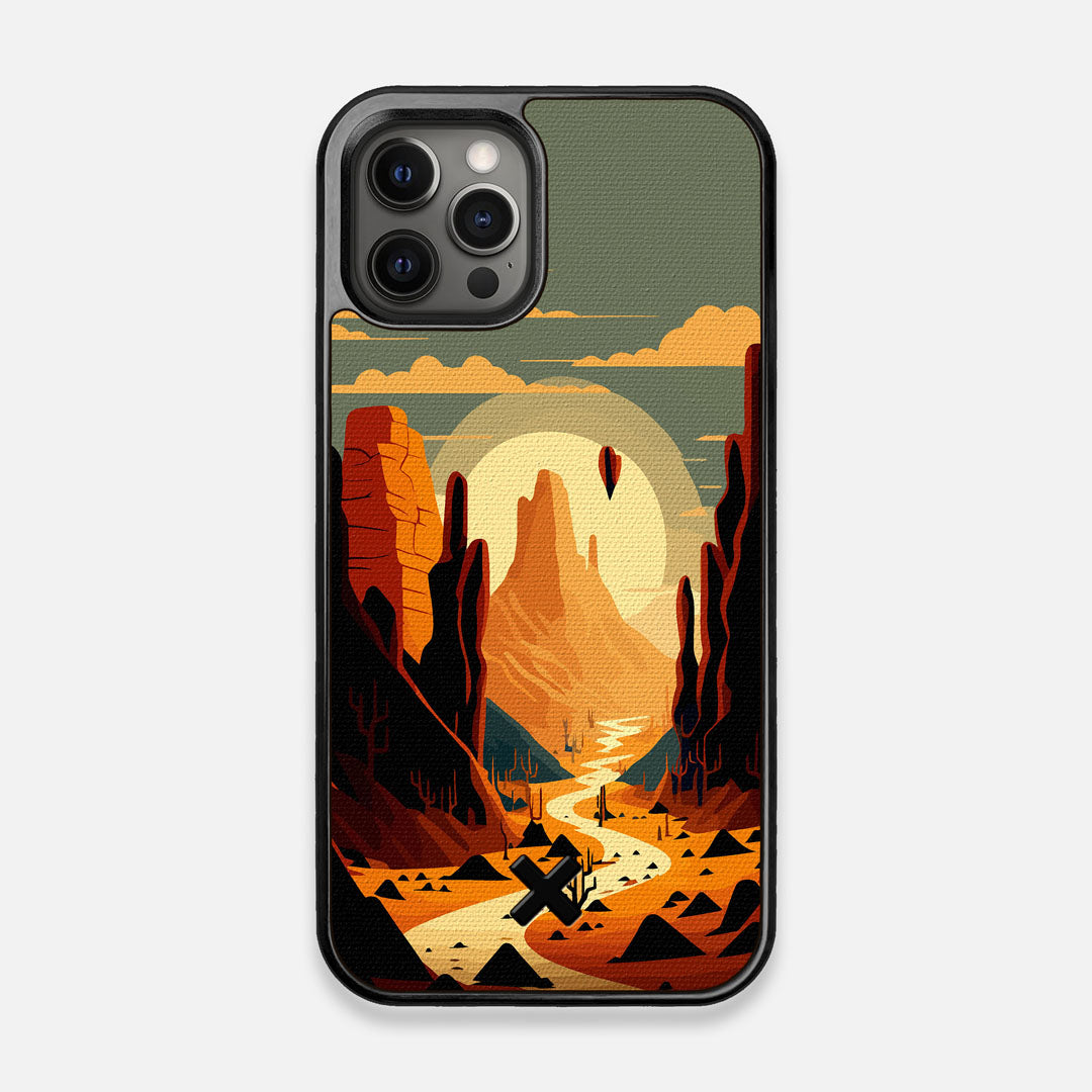 Front view of the stylized thin river cutting deep through a canyon sunset printed on cotton canvas iPhone 12/12 Pro Case by Keyway Designs