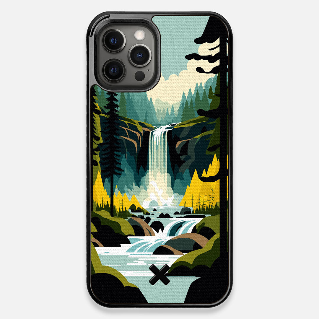 Front view of the stylized peaceful forest waterfall making it's way through the rocks printed to cotton canvas iPhone 12 Pro Max Case by Keyway Designs