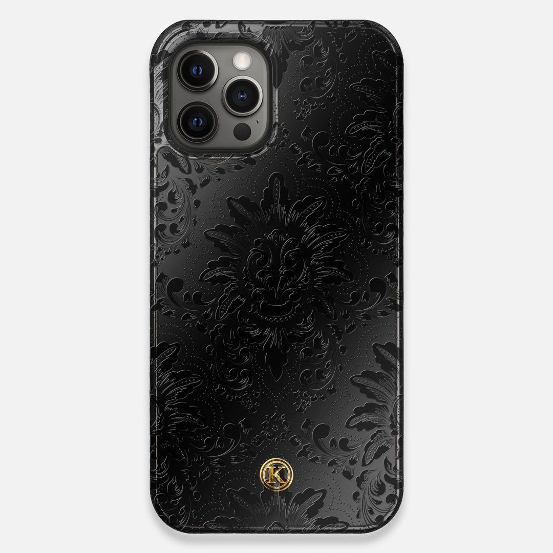 Front view of the detailed gloss Damask pattern printed on matte black impact acrylic iPhone 12 Pro Max Case by Keyway Designs