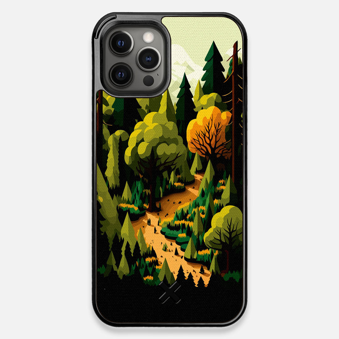 Front view of the stylized quiet forest path making it's way through the evergreen trees printed to cotton canvas iPhone 12 Pro Max Case by Keyway Designs