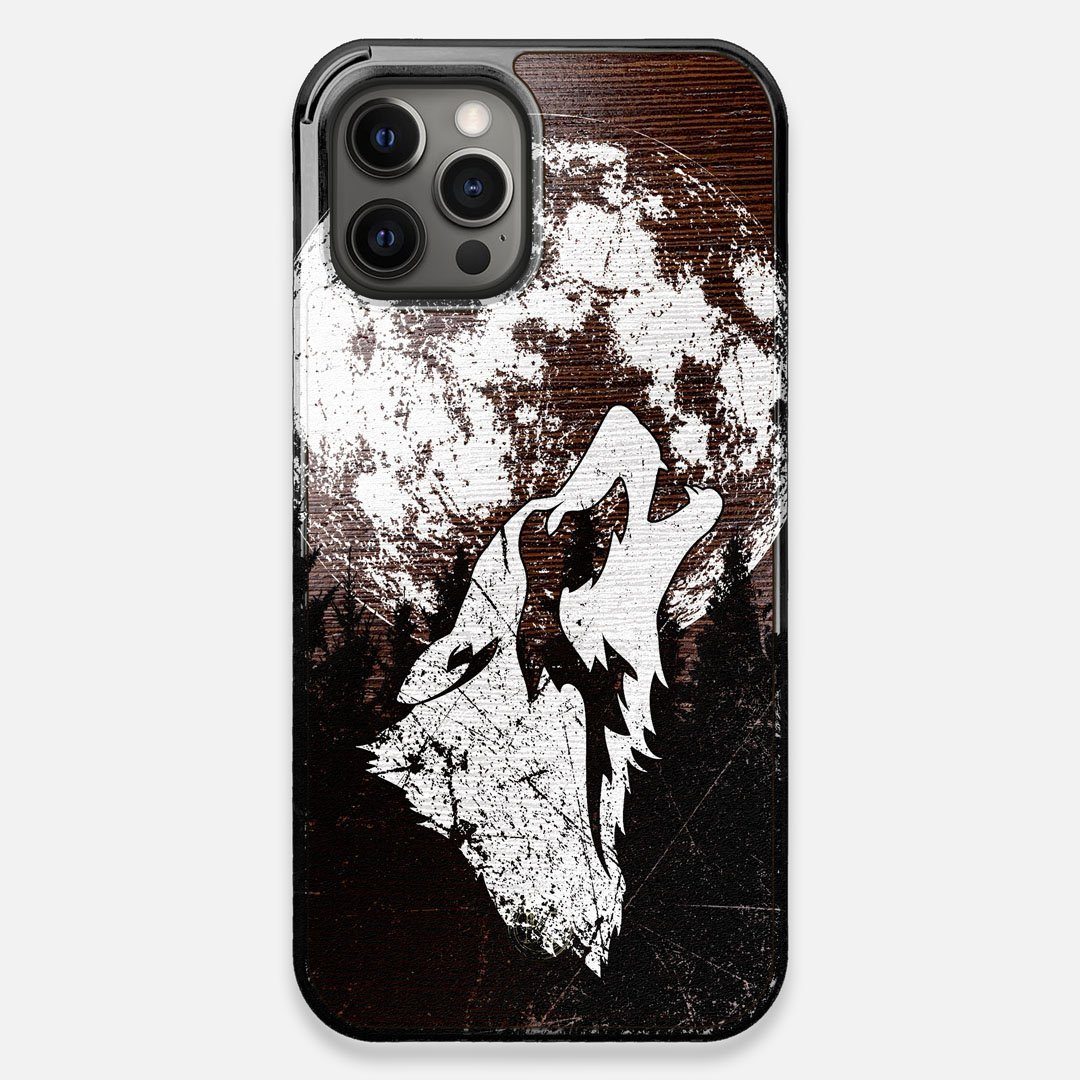 Front view of the high-contrast howling wolf on a full moon printed on a Wenge Wood iPhone 12 Pro Max Case by Keyway Designs