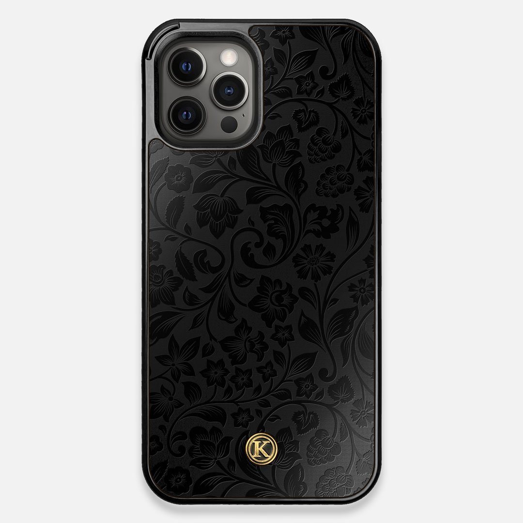 Front view of the highly detailed midnight floral engraving on matte black impact acrylic iPhone 12 Pro Max Case by Keyway Designs