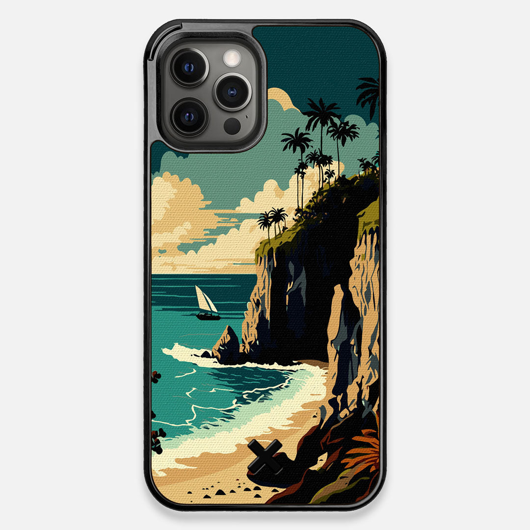 Front view of the stylized seaside bluff with the ocean waves crashing on the shore printed on cotton canvas iPhone 12 Pro Max Case by Keyway Designs
