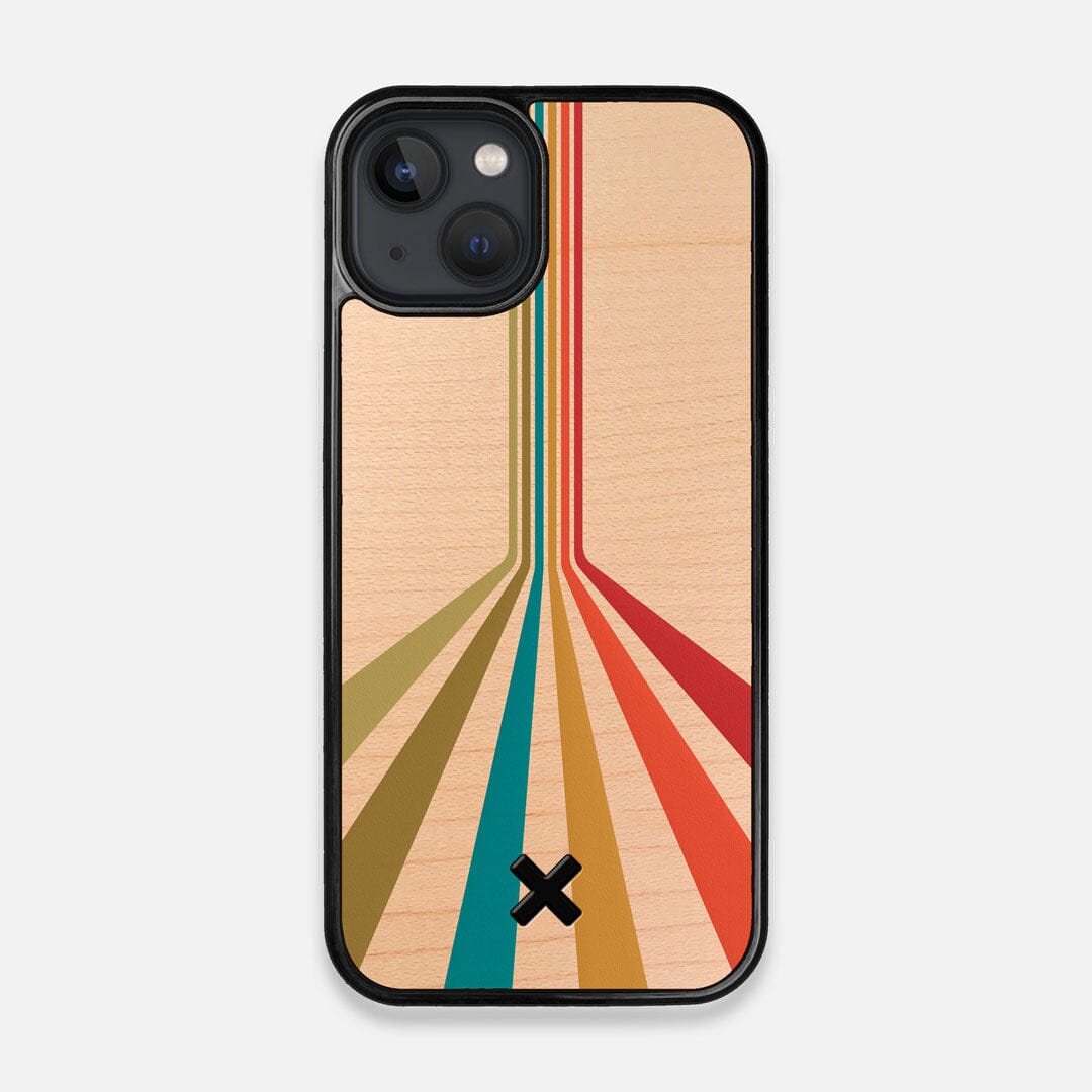 Front view of the array of colour beams splitting across the case printed on Maple wood iPhone 13 MagSafe Case by Keyway Designs