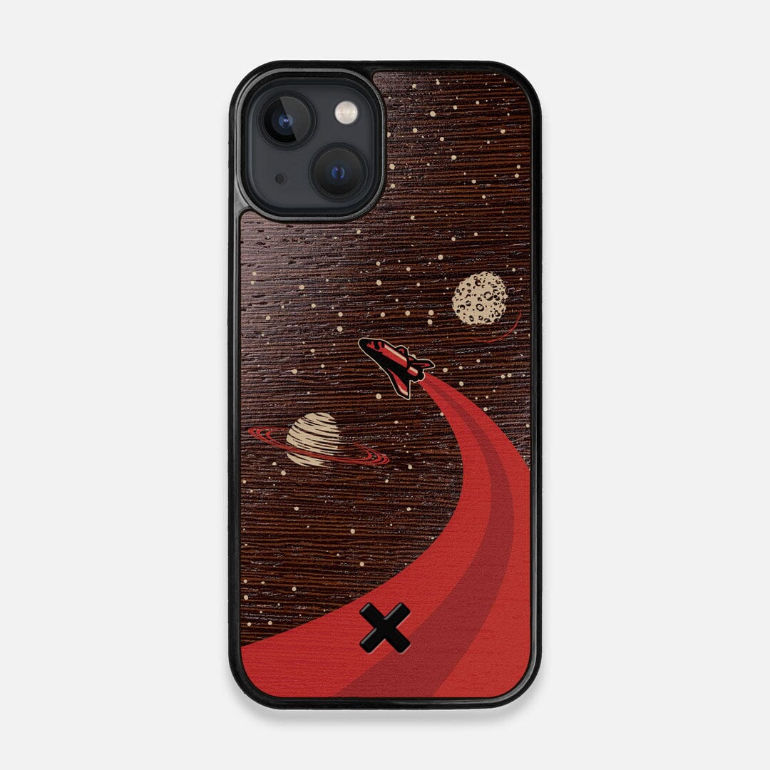 Front view of the stylized space shuttle boosting to saturn printed on Wenge wood iPhone 13 MagSafe Case by Keyway Designs