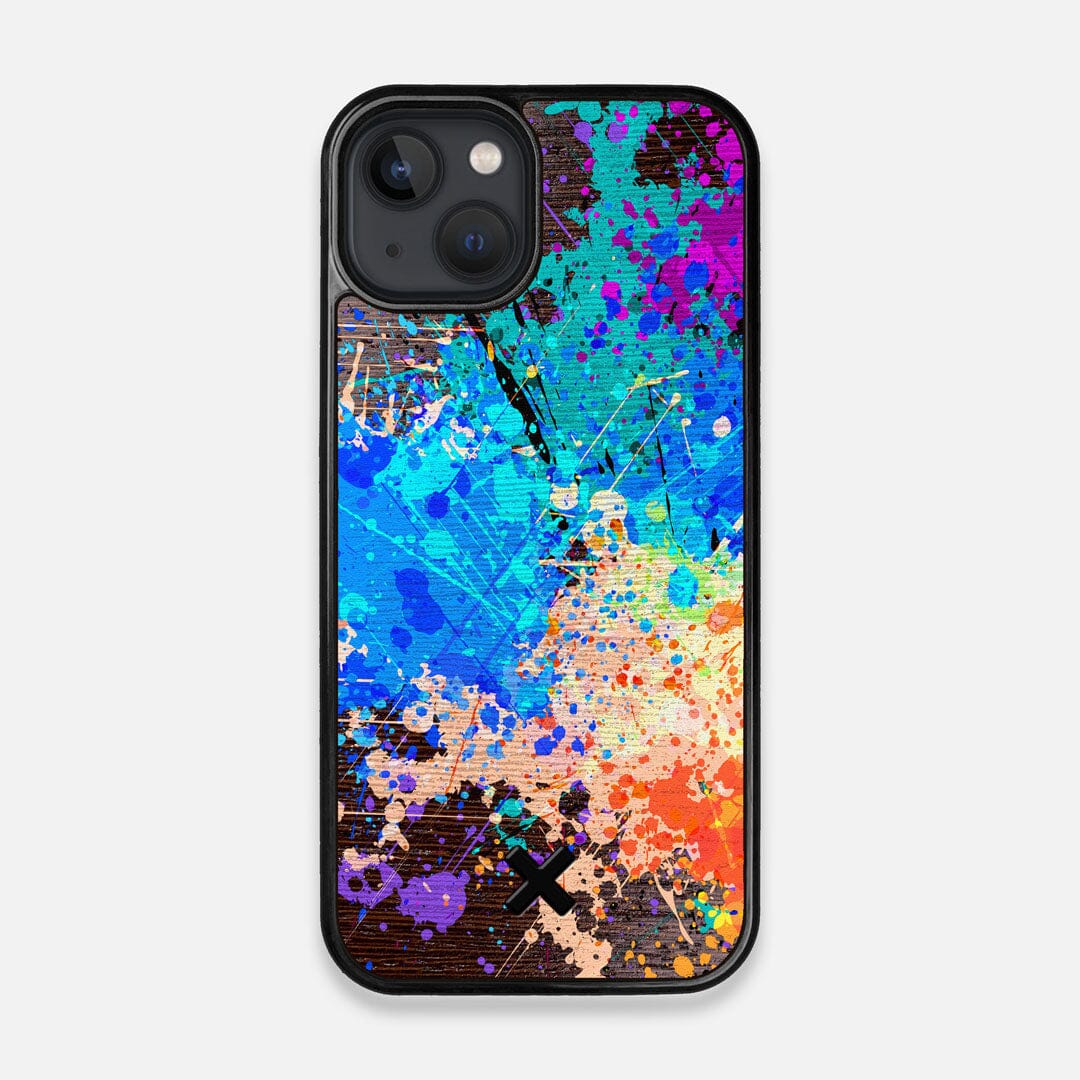Front view of the realistic paint splatter 'Chroma' printed Wenge Wood iPhone 13 MagSafe Case by Keyway Designs